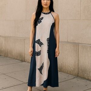 Bar III Asymmetrical Halter Dress in Blue and Cream